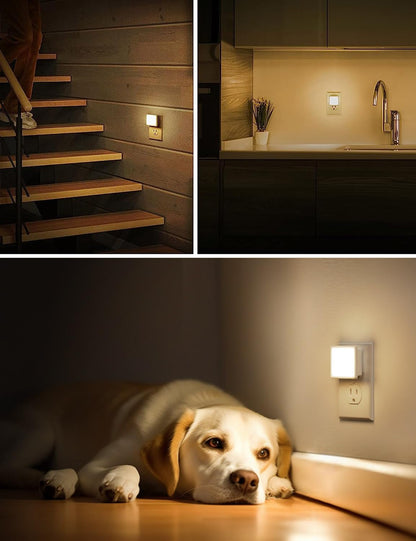 Three images showing a night light in different settings: on a staircase, in a kitchen, and under a dog.