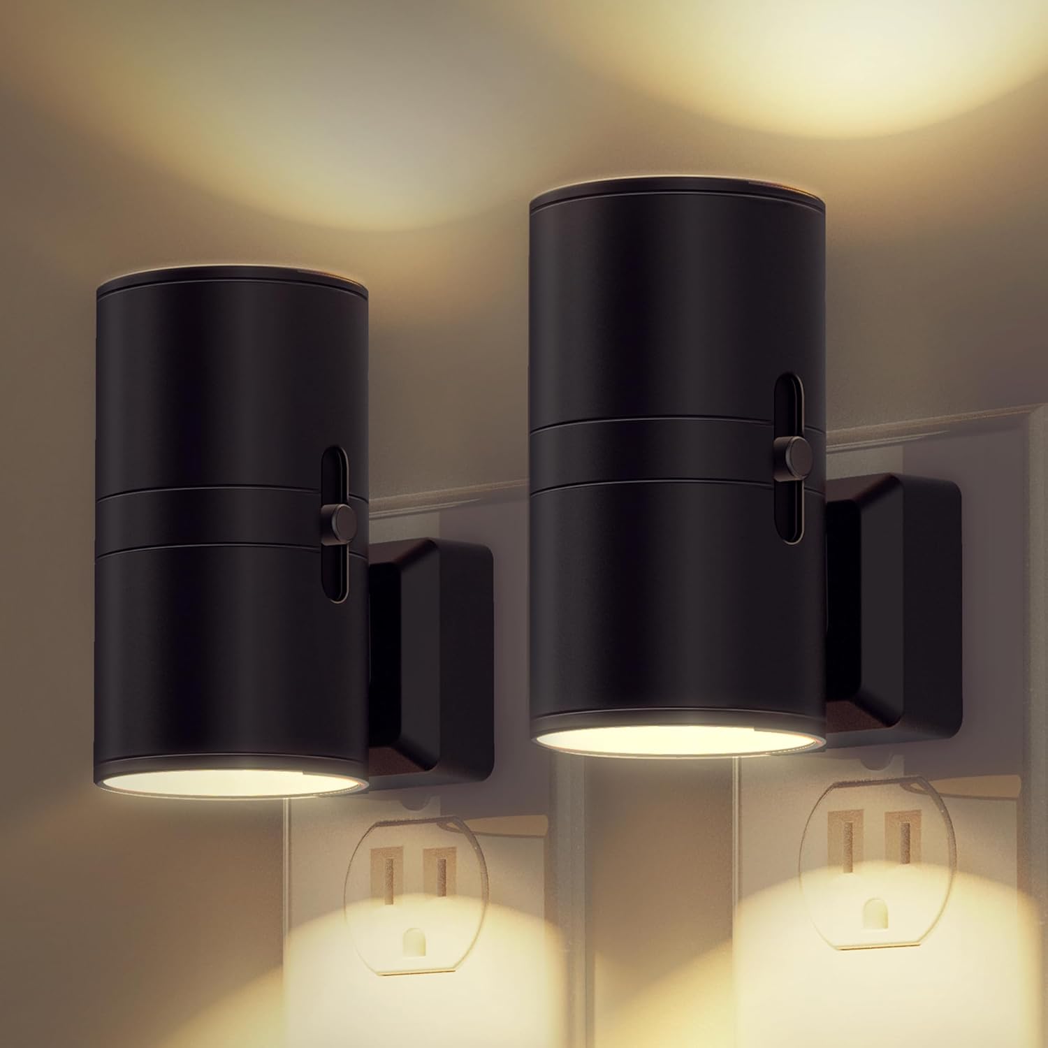 Two black wall-mounted outdoor lights on a neutral wall.