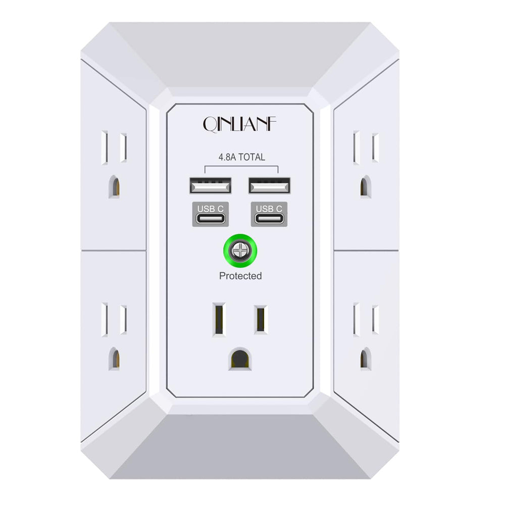 Wall-mounted electrical outlet with multiple sockets and USB ports on a white background