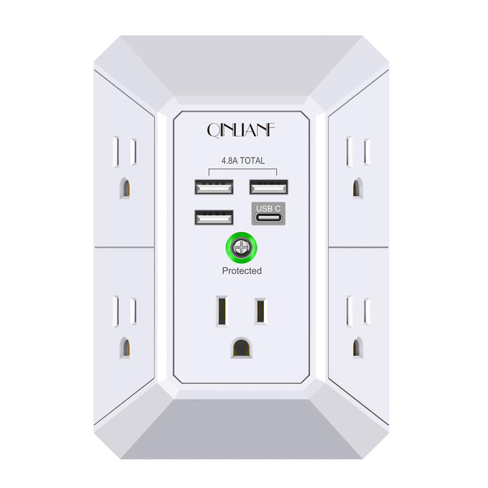 Wall-mounted electrical outlet with multiple sockets and USB ports on a white background