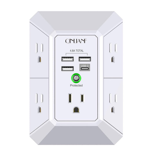 Wall-mounted electrical outlet with multiple sockets and USB ports on a white background