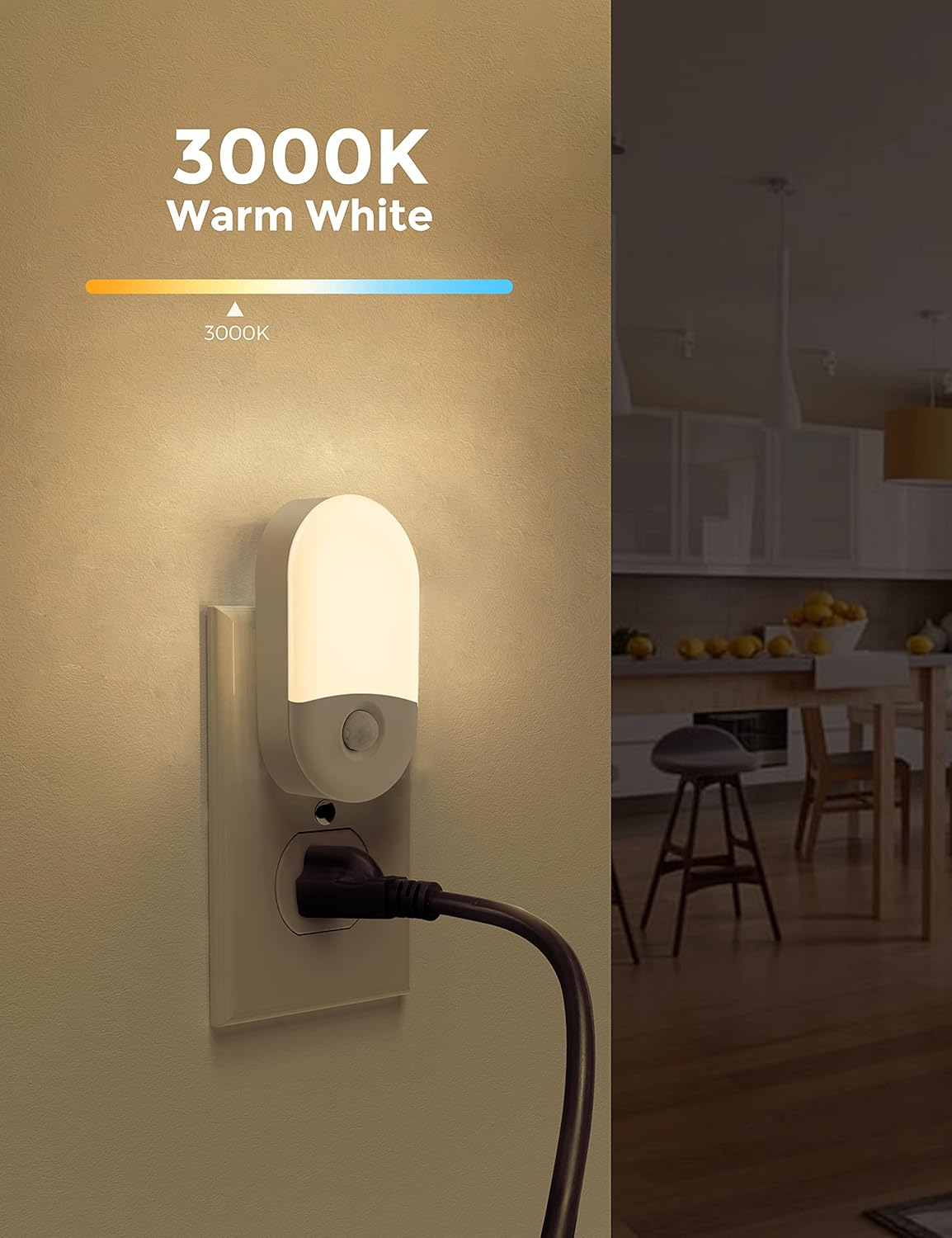 Wall-mounted night light emitting warm white light in a kitchen setting.