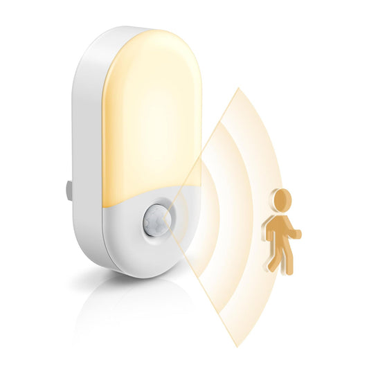 White motion sensor light with a yellow light on a white background