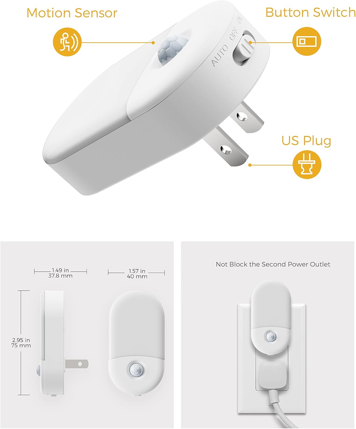 White wall switch with motion sensor and button switch, labeled features on a white background.