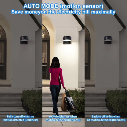 Woman walking into a building with motion sensor lights on the wall, demonstrating energy-saving feature.