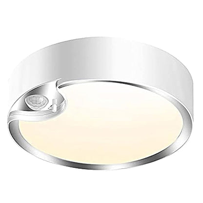 Round ceiling light fixture with silver frame and white interior on a white background